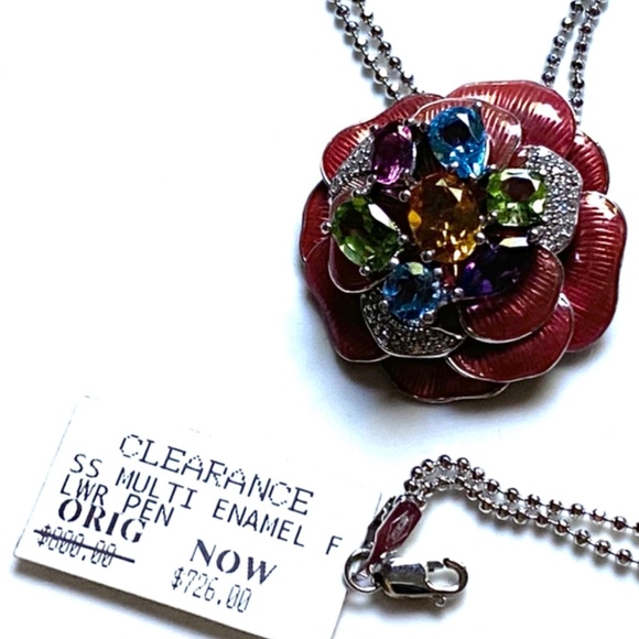 Sterling Silver Enamel Multi Stone Flower Pendant - Picture 7 of 8